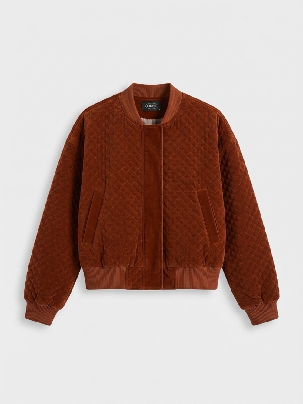 Cider Quilted Velvet Bomber Jacket in Rust Brown